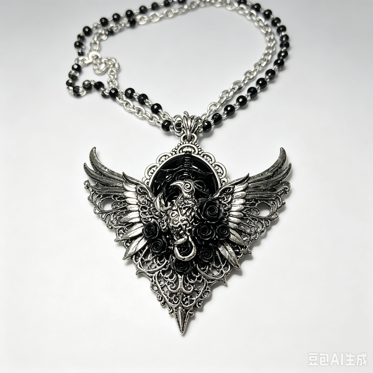 Gothic Winged Raven Skull Necklace, Black Rose Filigree Silver Pendant, Multi-Layer Chain with Black Crystal Beads, Dark Victorian Occult Statement Jewelry