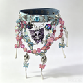 Gothic Layered Statement Necklace Set, Evil Eye Spiked Choker & Purple Bat Wing Skull Pendant, Colorful Czech Bead Multi Strand Dark Fantasy Jewelry