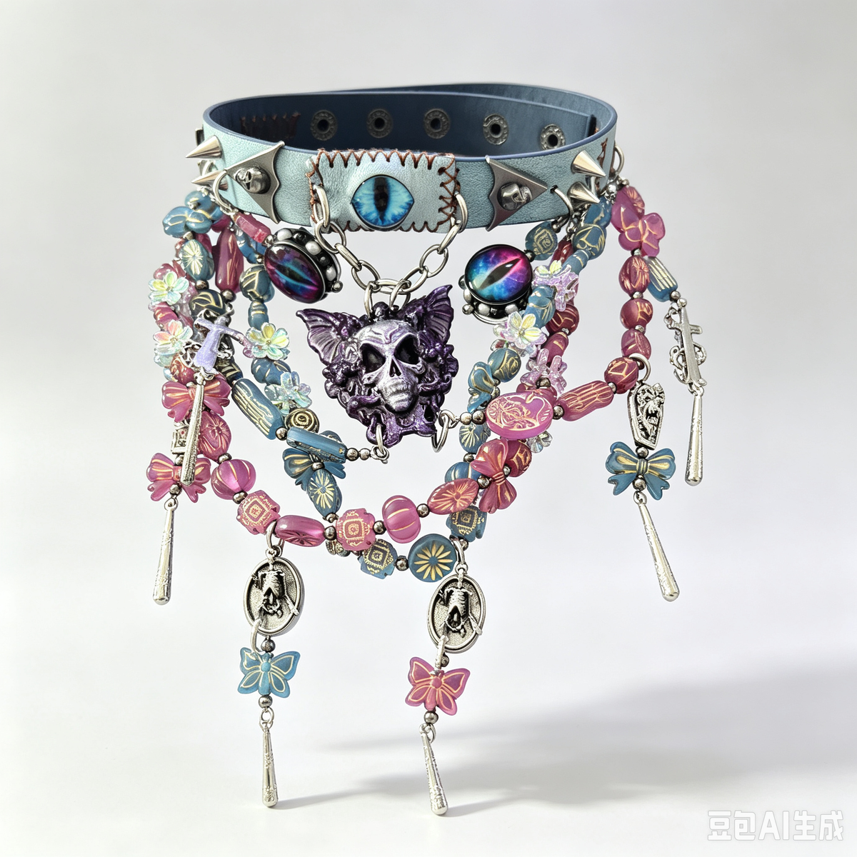 Gothic Layered Statement Necklace Set, Evil Eye Spiked Choker & Purple Bat Wing Skull Pendant, Colorful Czech Bead Multi Strand Dark Fantasy Jewelry