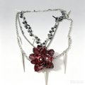 Gothic Multi-Layered Evil Eye Blood Flower Necklace, Spiked Silver Chain with Cross Charms & Tiny Bells, Dark Horror Witchy Statement Neckpiece