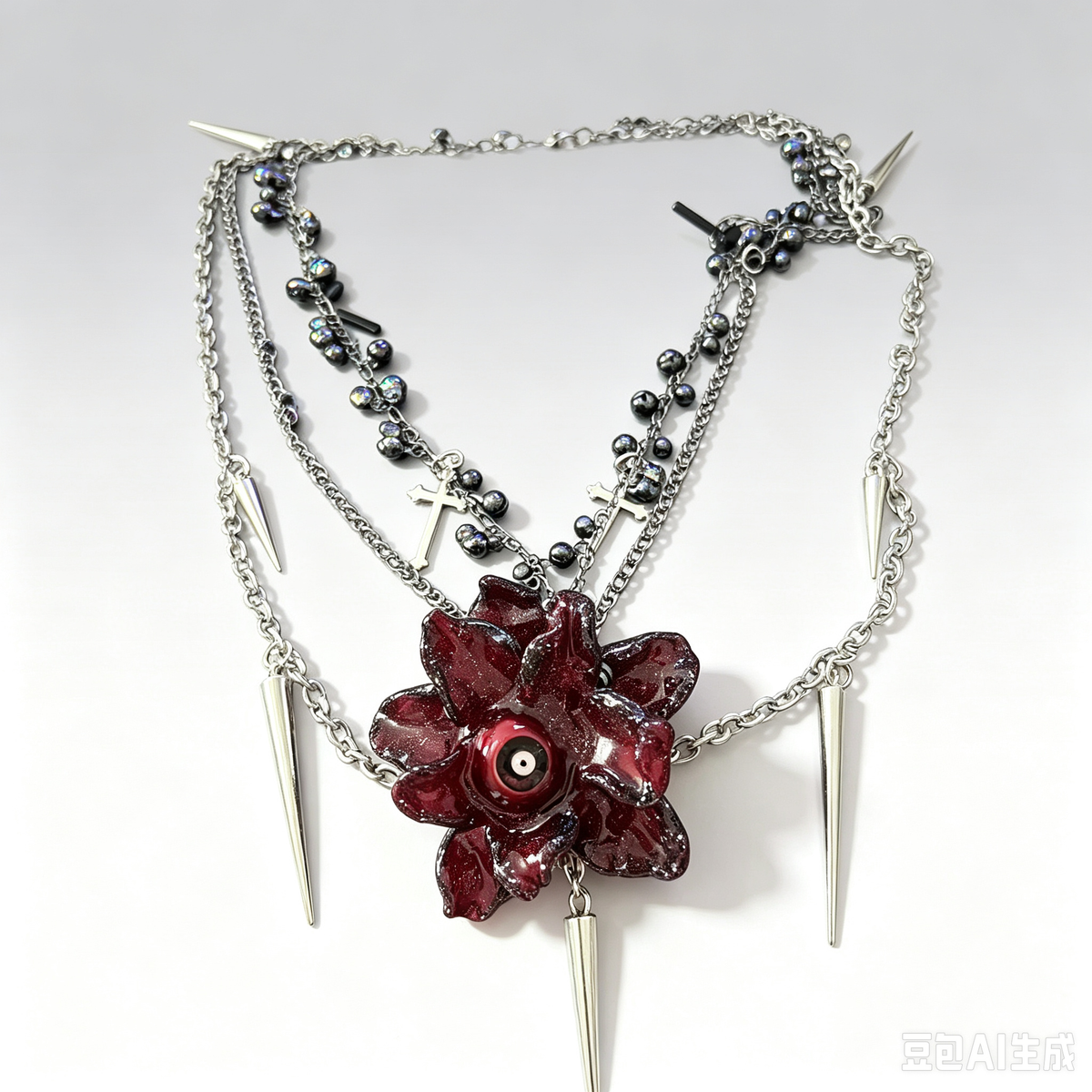 Gothic Multi-Layered Evil Eye Blood Flower Necklace, Spiked Silver Chain with Cross Charms & Tiny Bells, Dark Horror Witchy Statement Neckpiece