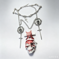 Gothic Red White Skull Cross Sword Necklace, Silver Bone Chain with Ske cameo & Dagger Charms, Dark Horror Punk Statement Jewelry