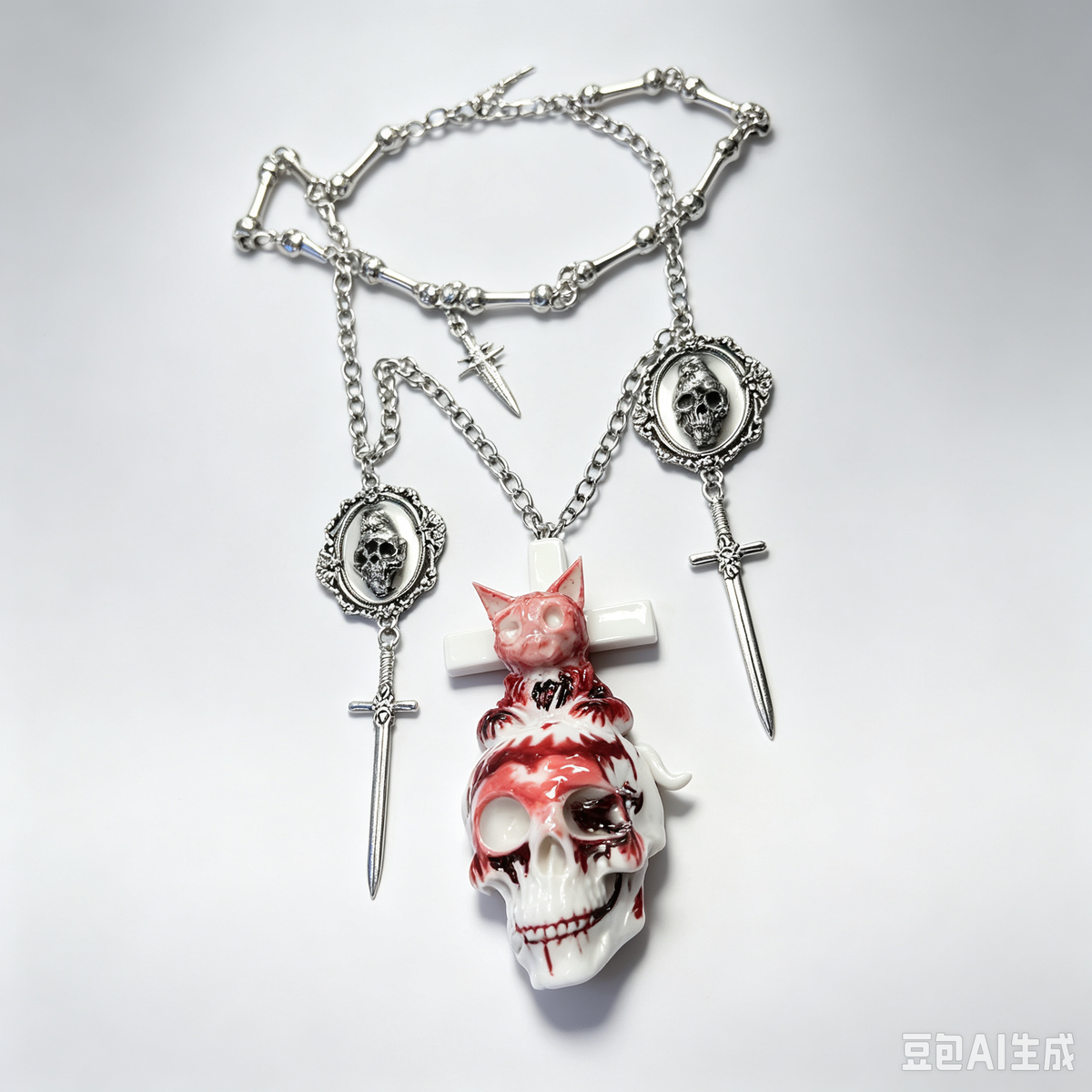 Gothic Red White Skull Cross Sword Necklace, Silver Bone Chain with Ske cameo & Dagger Charms, Dark Horror Punk Statement Jewelry