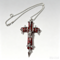 Gothic Blood Red Cross Skull Pendant Necklace, Silver Twisted Rope Chain with Spikes & Tiny Cross Charms, Dark Horror Occult Handmade Statement Necklace