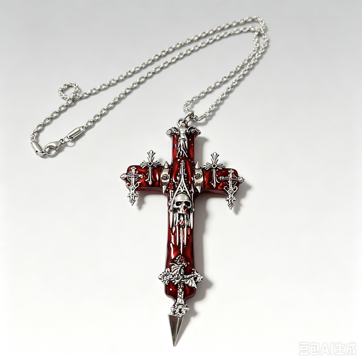 Gothic Blood Red Cross Skull Pendant Necklace, Silver Twisted Rope Chain with Spikes & Tiny Cross Charms, Dark Horror Occult Handmade Statement Necklace