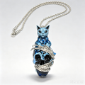 Gothic Blue Cat on Skull Pendant Necklace, Silver Twisted Rope Chain with Metallic Wrapped Details, Dark Fantasy Occult Handmade Statement Necklace