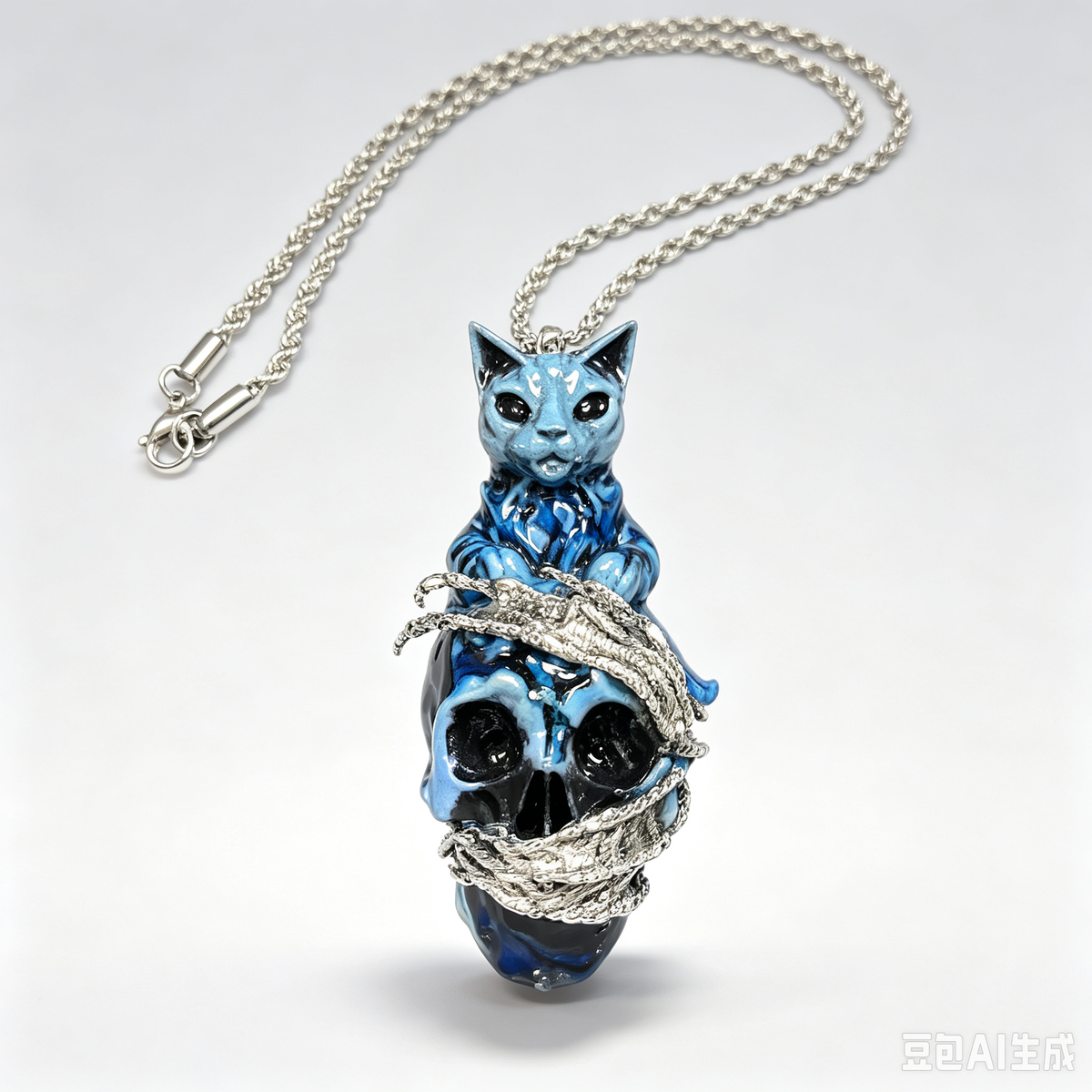 Gothic Blue Cat on Skull Pendant Necklace, Silver Twisted Rope Chain with Metallic Wrapped Details, Dark Fantasy Occult Handmade Statement Necklace