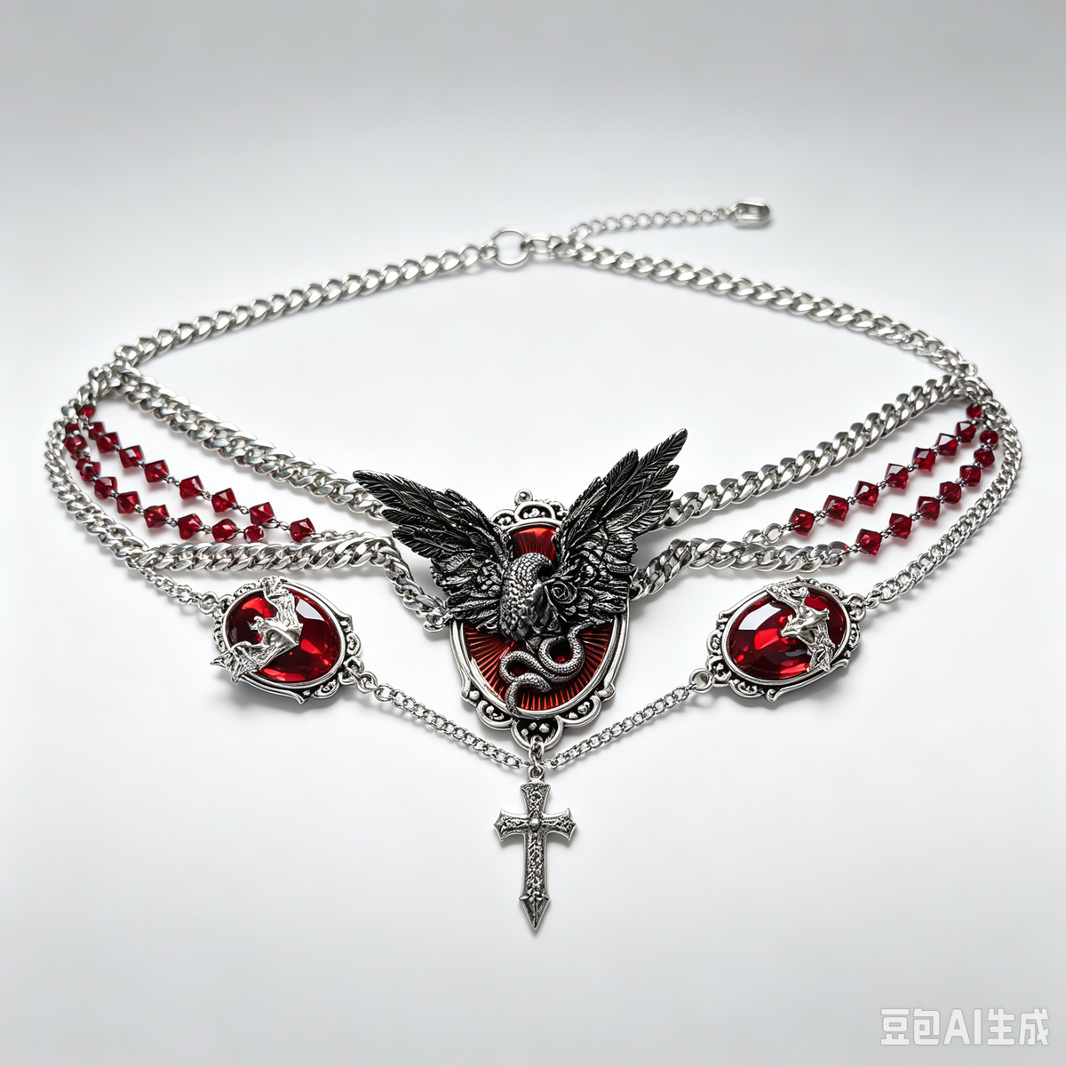 Gothic Black Wing Rose Red Gem Necklace, Silver Chain with Red Crystal Beads, Sword Cross & Cameo Charms, Dark Vampire Punk Statement Jewelry, Adjustable
