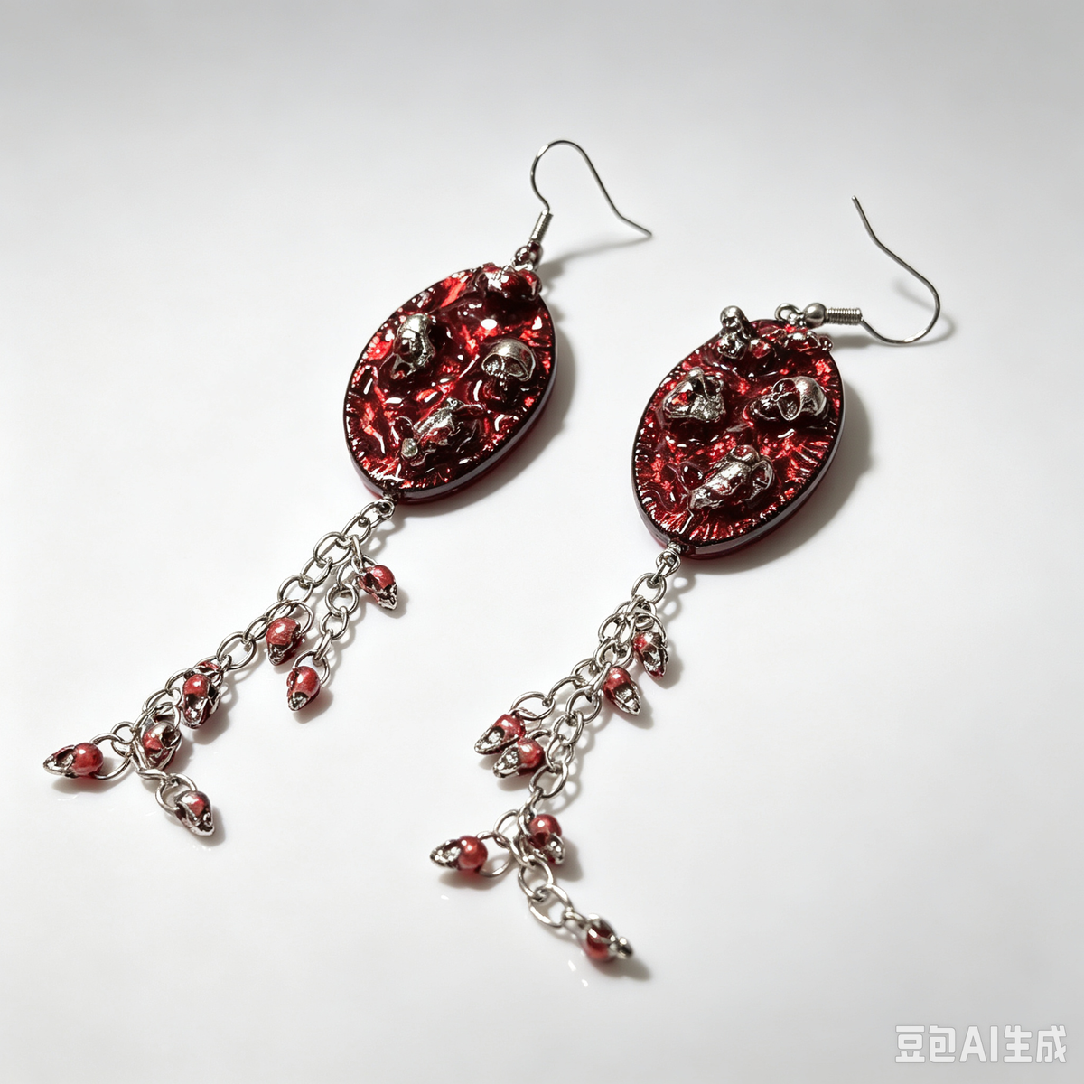Gothic Blood Red Skull Dangle Earrings, Resin Oval Skeleton Drop Earrings with Chain Tassels, Dark Occult Punk Jewelry