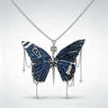 Dark Gothic Eyeball Butterfly Statement Necklace, Iridescent Navy Butterfly Pendant with Coffin, Tombstone & Pentagram Charms, Dangle Chain Tassels, Punk Occult Handmade Necklace