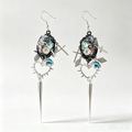 Gothic Spiked Heart Cross Dangle Earrings, Handmade Resin Cameo with Blue Eyeball Gem, Long Spike Drop Charms, Punk Dark Alternative Statement Earrings