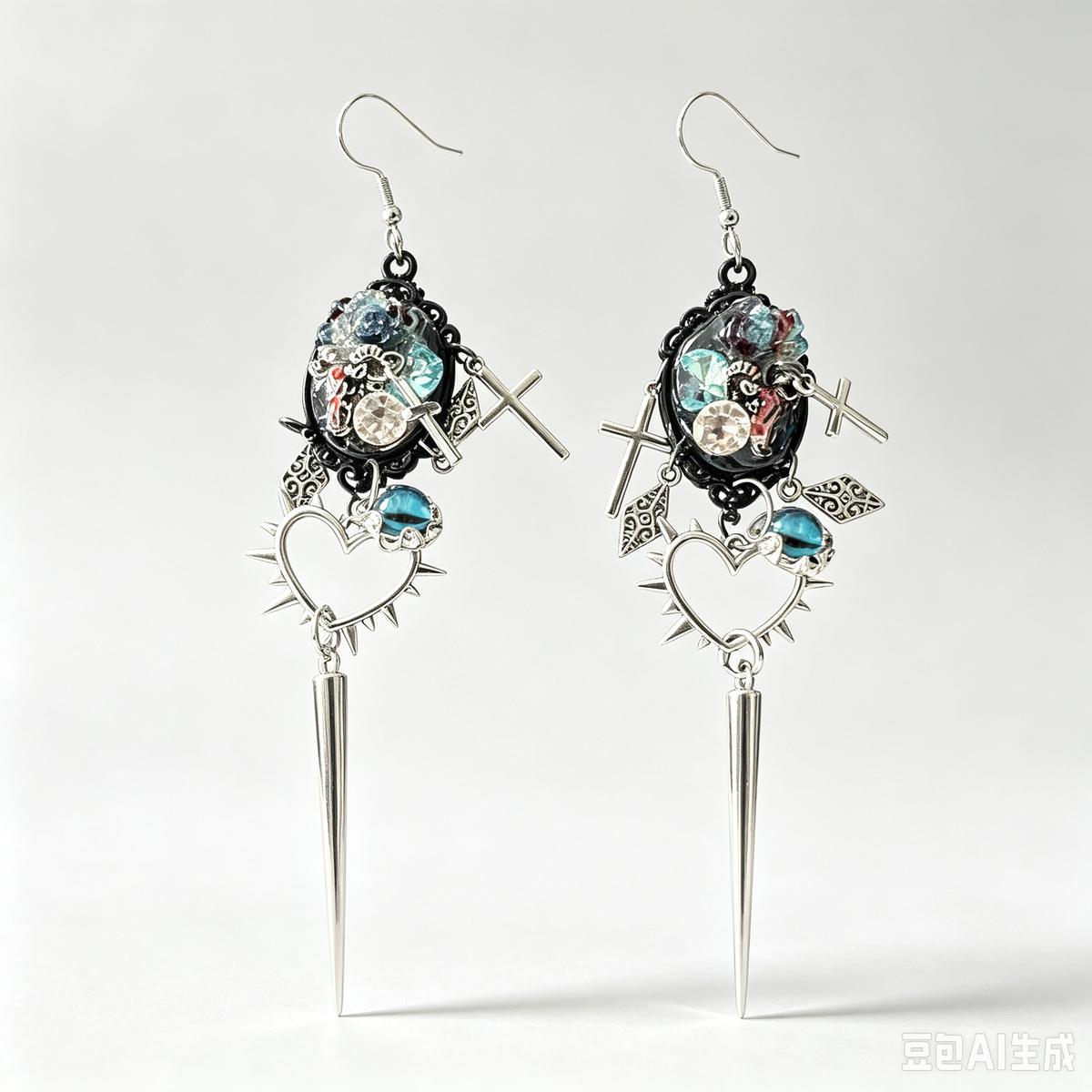 Gothic Spiked Heart Cross Dangle Earrings, Handmade Resin Cameo with Blue Eyeball Gem, Long Spike Drop Charms, Punk Dark Alternative Statement Earrings