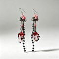 Gothic Blood Drip Fork Dangle Earrings, Handmade Pink Rose Decorated Fork Pendant with Black Heart Tassel Chains, Dark Romantic Vampire Statement Earrings