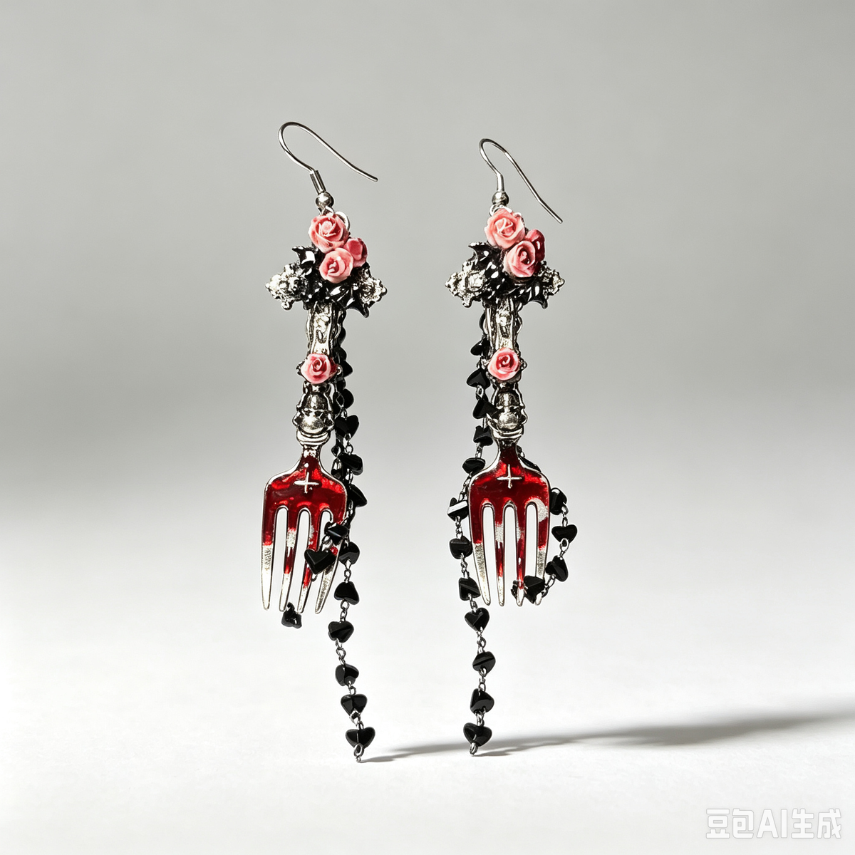 Gothic Blood Drip Fork Dangle Earrings, Handmade Pink Rose Decorated Fork Pendant with Black Heart Tassel Chains, Dark Romantic Vampire Statement Earrings