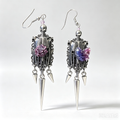 Gothic Skeleton Torso Dangle Earrings, Asymmetrical Purple Rose & Crystal Butterfly, Metal Spike Drop Charms, Dark Punk Handmade Statement Earrings