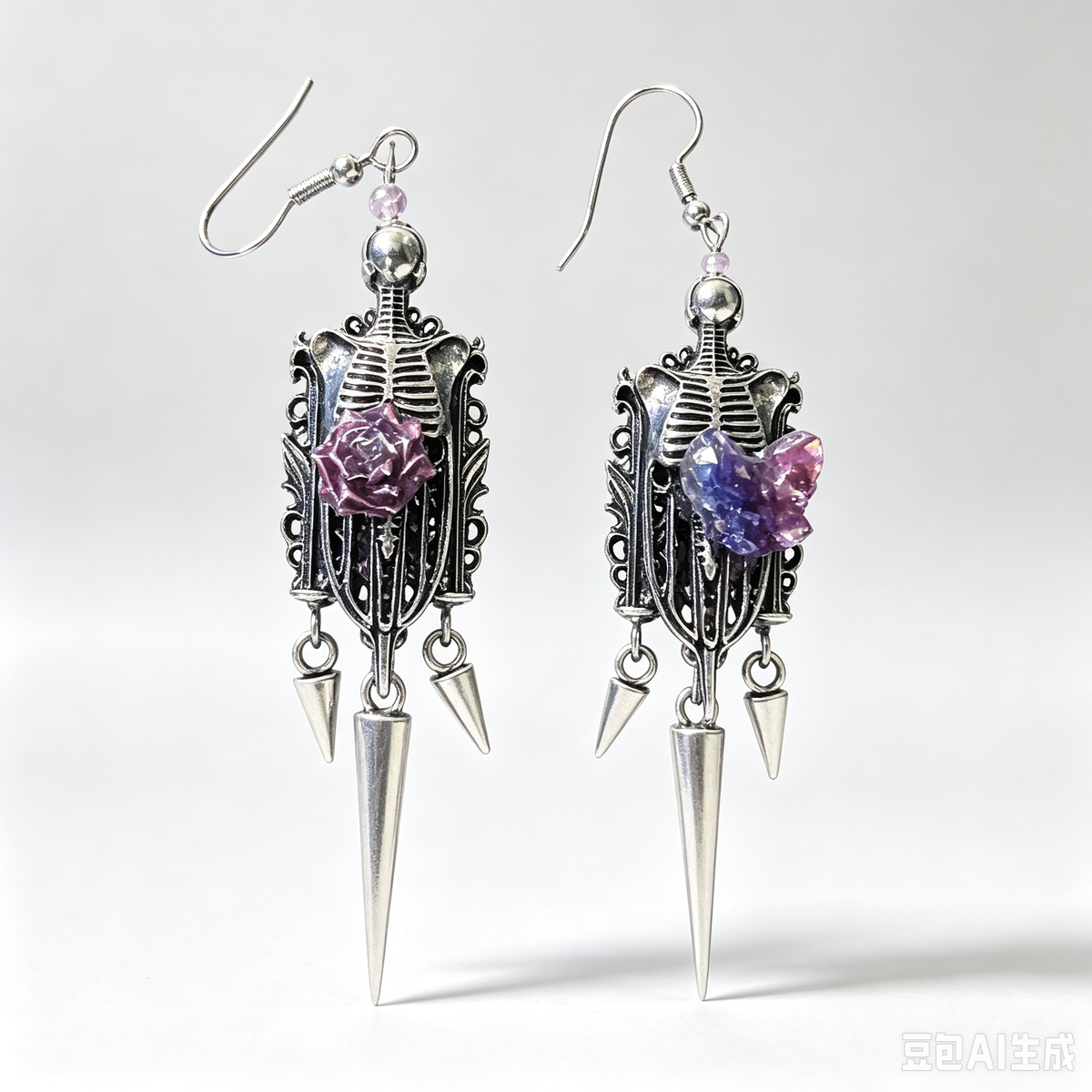 Gothic Skeleton Torso Dangle Earrings, Asymmetrical Purple Rose & Crystal Butterfly, Metal Spike Drop Charms, Dark Punk Handmade Statement Earrings