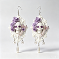 Gothic White Skull Dangle Earrings, Purple Flower & Pearl Cameo Frame, Pink Butterfly Accent, Dark Romantic Handmade Statement Earrings