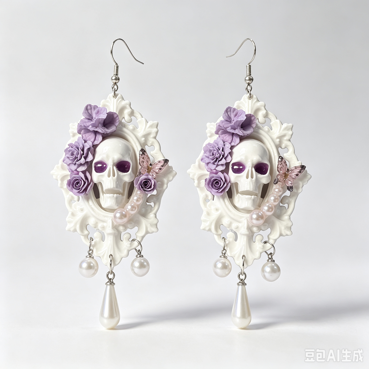 Gothic White Skull Dangle Earrings, Purple Flower & Pearl Cameo Frame, Pink Butterfly Accent, Dark Romantic Handmade Statement Earrings