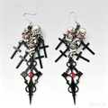 Gothic Triple Skull Heart Dangle Earrings, Black Cross Charms with Red Crystal, Snake Detail, Dark Punk Occult Statement Earrings