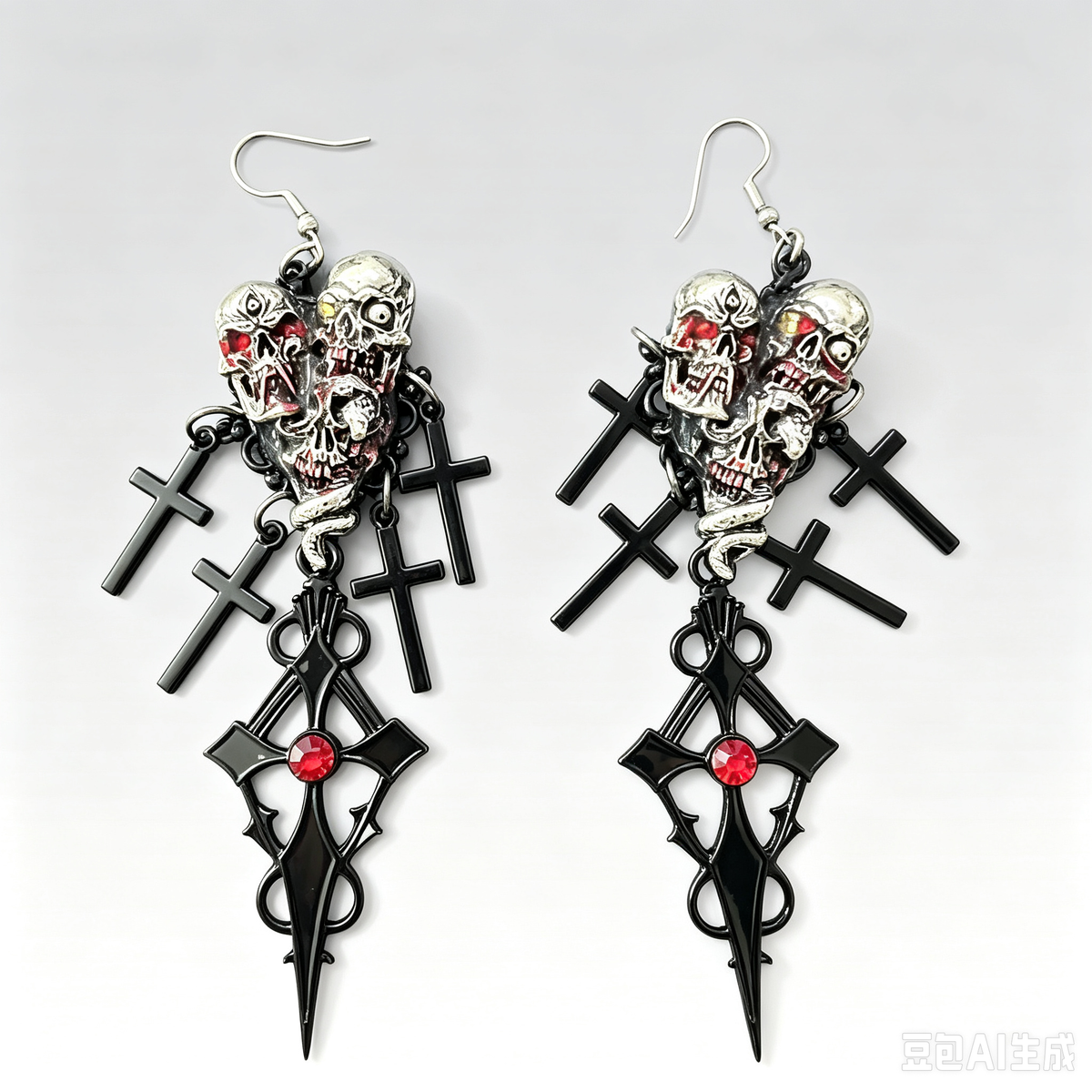Gothic Triple Skull Heart Dangle Earrings, Black Cross Charms with Red Crystal, Snake Detail, Dark Punk Occult Statement Earrings