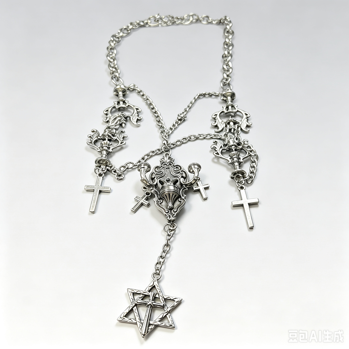 Gothic Silver Cross Chain Necklace, Ornate Baroque Center Pendant, Hexagram Spike Drop, Dark Occult Handmade Statement Necklace