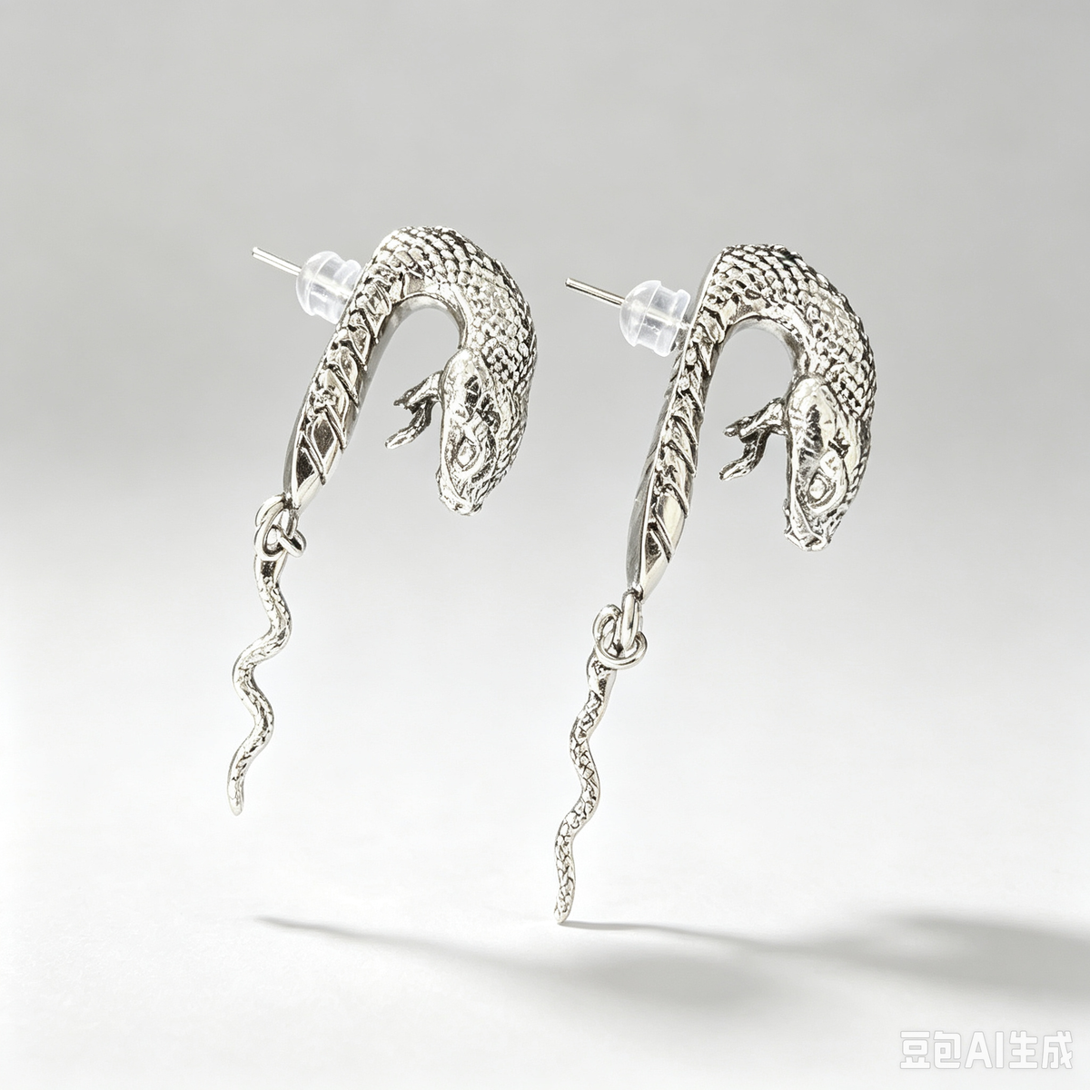 Gothic Silver Snake Dangle Earrings, Textured Serpent Body with Forked Tail Drop, Dark Punk Handmade Statement Earrings