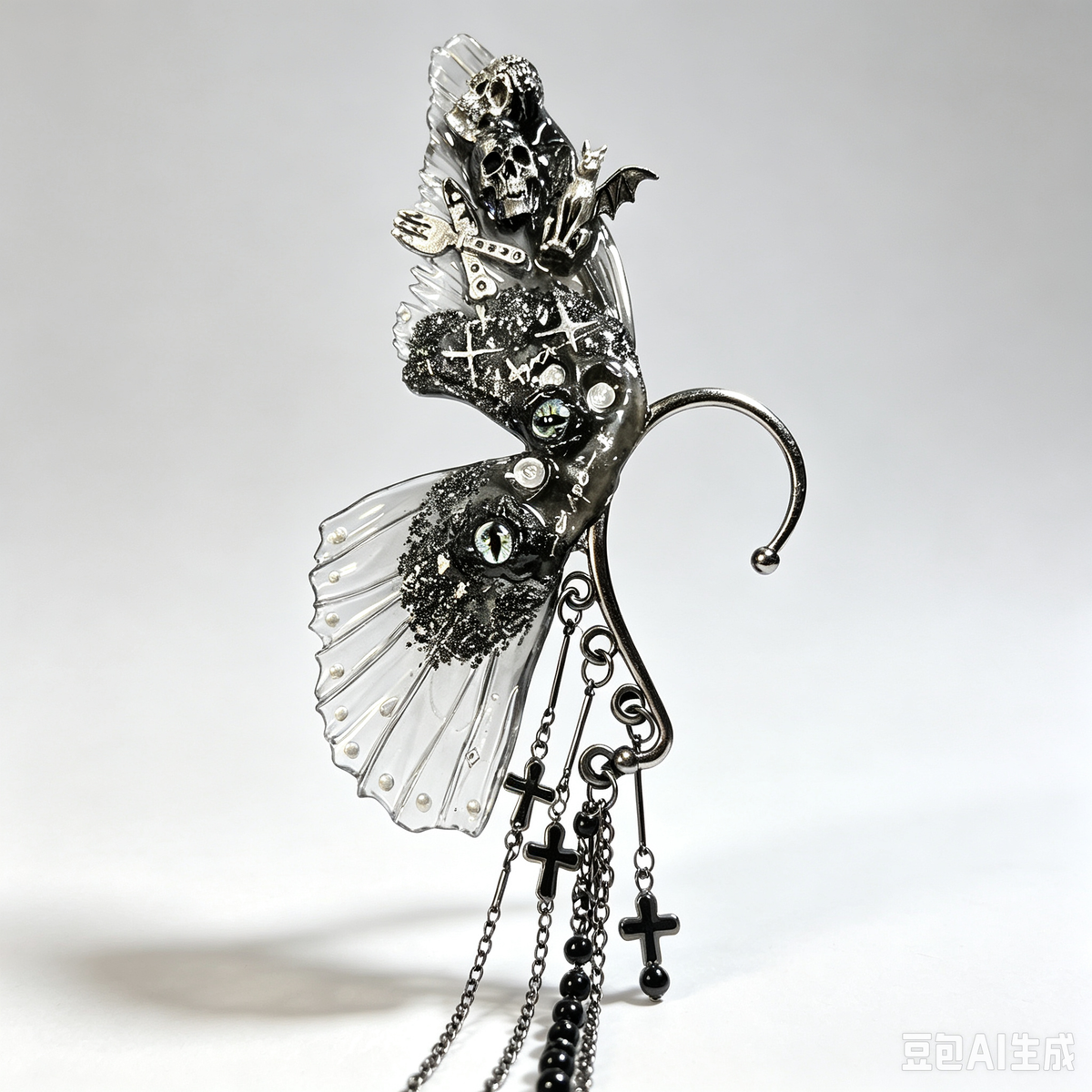 Gothic Clear Wing Skull Ear Cuff, Dark Fairy Fish Hook Ear Wrap, Cross Chain Tassel & Eye Charms, Handmade Dark Fantasy Statement Jewelry