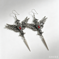 Gothic Raven Dangle Earrings, Antique Silver Bird Earrings with Red Crystal & Spike Pendant, Dark Punk Occult Statement Jewelry