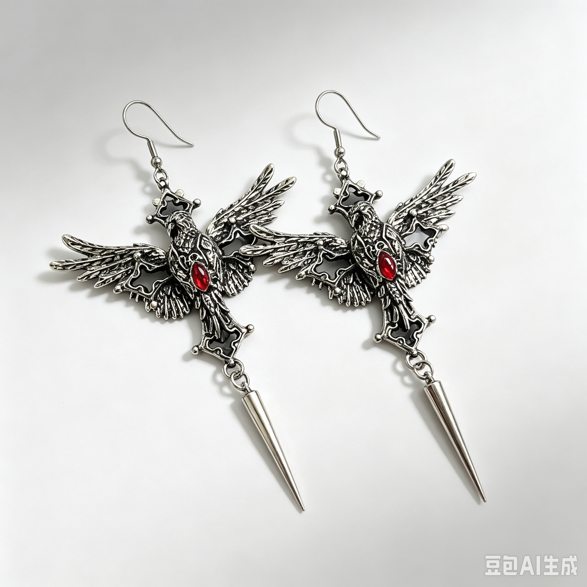 Gothic Raven Dangle Earrings, Antique Silver Bird Earrings with Red Crystal & Spike Pendant, Dark Punk Occult Statement Jewelry