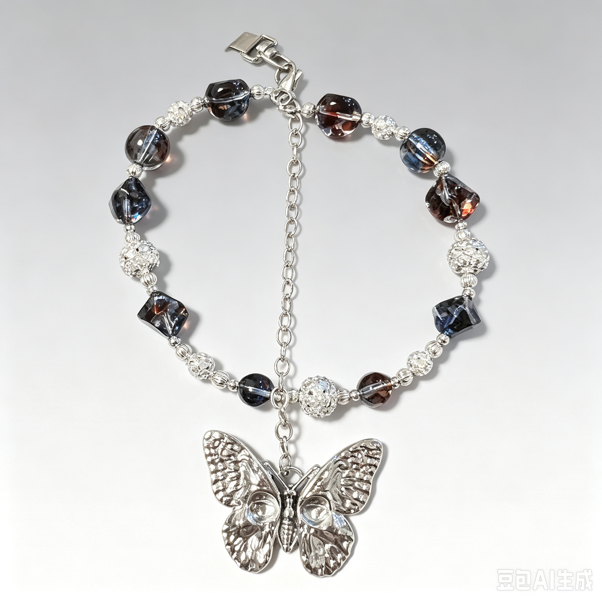 Gothic Butterfly Charm Phone Strap, Dark Transparent Glass Beads with Silver Pave Spacer, Dark Fairy Handmade Statement Phone Chain