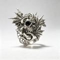 Gothic Skull Snake Bat Wing Ring, Black Gem Eye, Silver Oxidized Metal, Dark Fantasy Handmade Statement Ring