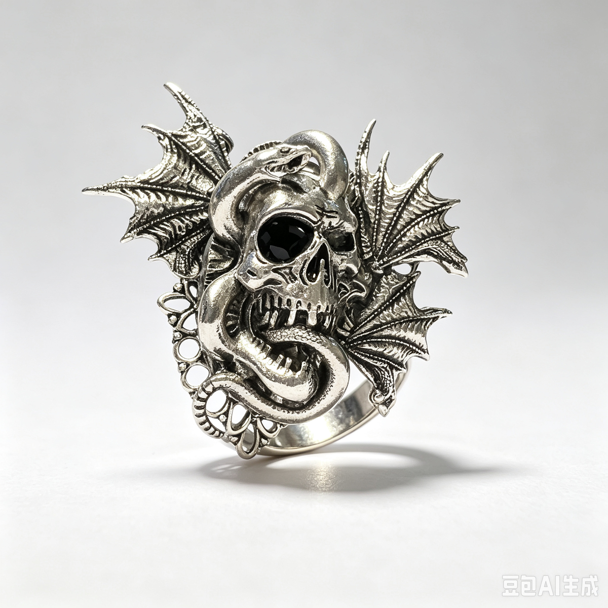 Gothic Skull Snake Bat Wing Ring, Black Gem Eye, Silver Oxidized Metal, Dark Fantasy Handmade Statement Ring