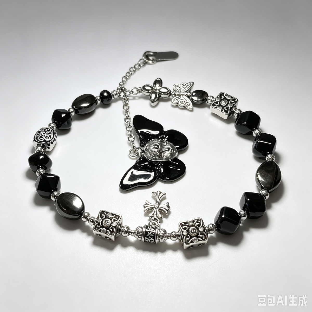 Gothic Black Silver Butterfly Cross Phone Strap, Dark Crystal Beads with Silver Charms, Handmade Dark Fairy Statement Phone Chain