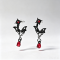 Gothic Bat Red Crystal Drop Earrings, Black Metal Vampire Wing Jewelry, Dark Fairy Handmade Statement Earrings