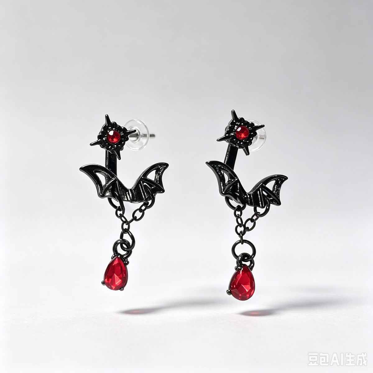 Gothic Bat Red Crystal Drop Earrings, Black Metal Vampire Wing Jewelry, Dark Fairy Handmade Statement Earrings
