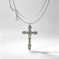 Gothic Vintage Cross Pendant Necklace, Silver Rope Chain, Ornate Engraved Cross, Dark Faith Handmade Statement Necklace