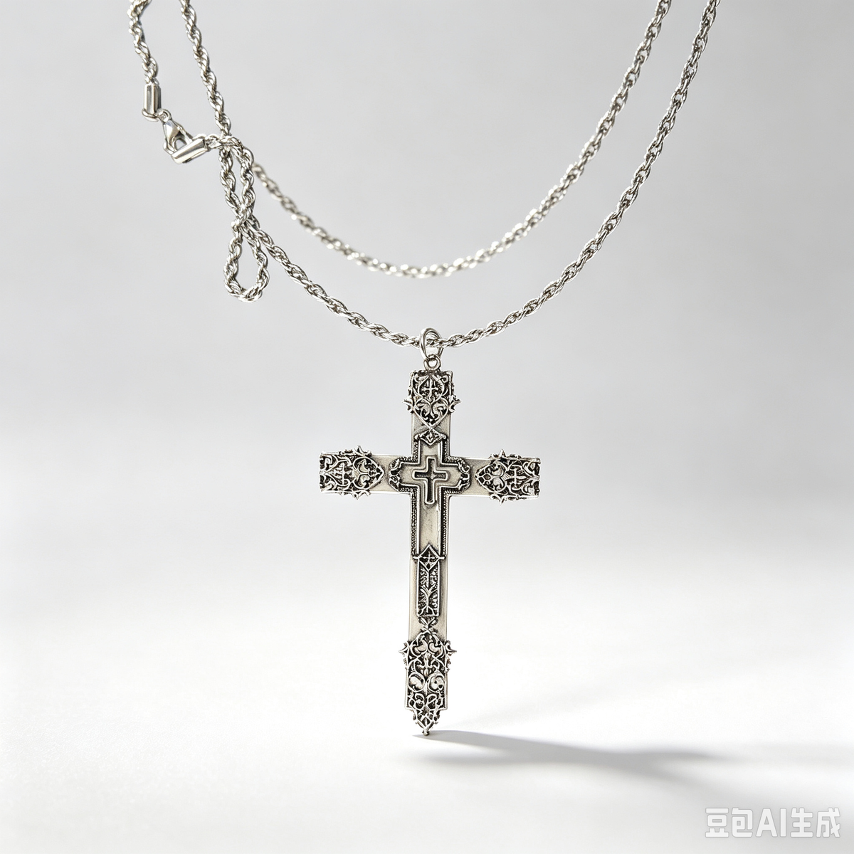 Gothic Vintage Cross Pendant Necklace, Silver Rope Chain, Ornate Engraved Cross, Dark Faith Handmade Statement Necklace