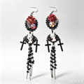 Gothic Red Rose White Flame Cross Dangle Earrings, Black Chain Tassel, Dark Vampire Handmade Statement Earrings