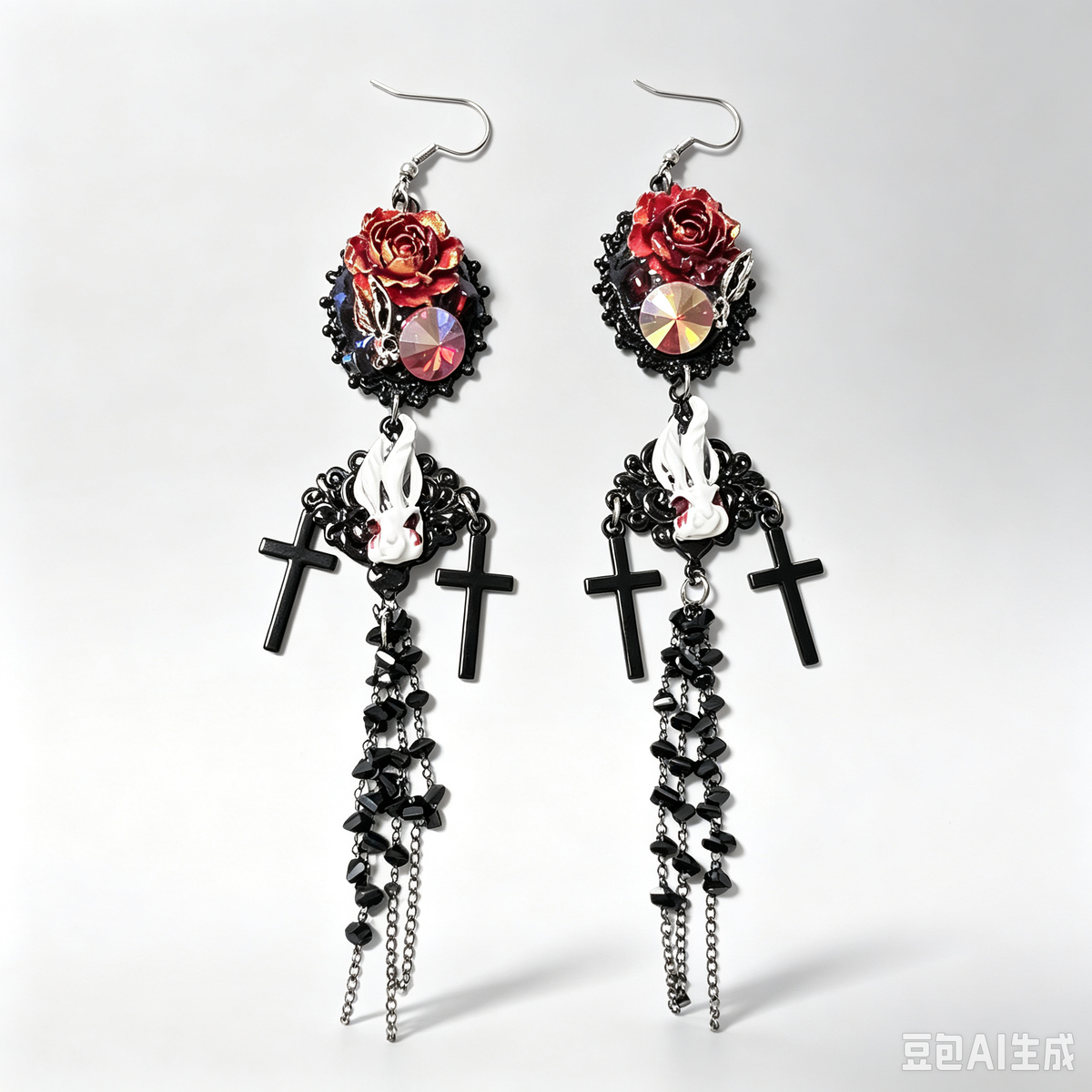Gothic Red Rose White Flame Cross Dangle Earrings, Black Chain Tassel, Dark Vampire Handmade Statement Earrings