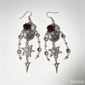 Gothic Purple Rose Hexagram Star Dangle Earrings, Silver Mystic Jewelry, Dark Fairy Handmade Statement Earrings