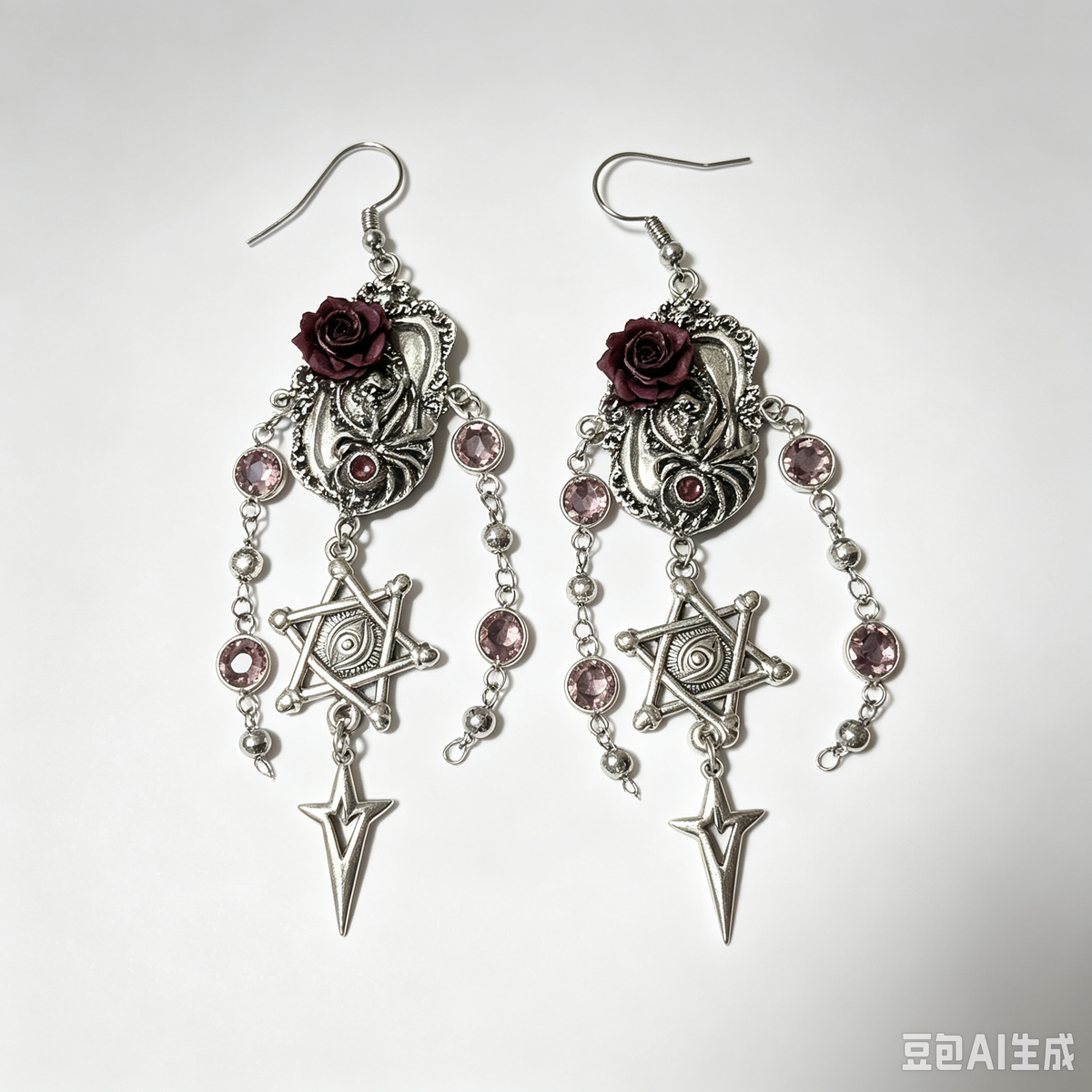 Gothic Purple Rose Hexagram Star Dangle Earrings, Silver Mystic Jewelry, Dark Fairy Handmade Statement Earrings