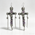 Gothic Baphomet Ram Head Cross Dangle Earrings, Snake Purple Rose Chain Tassel Earrings, Dark Occult Witchy Statement Jewelry