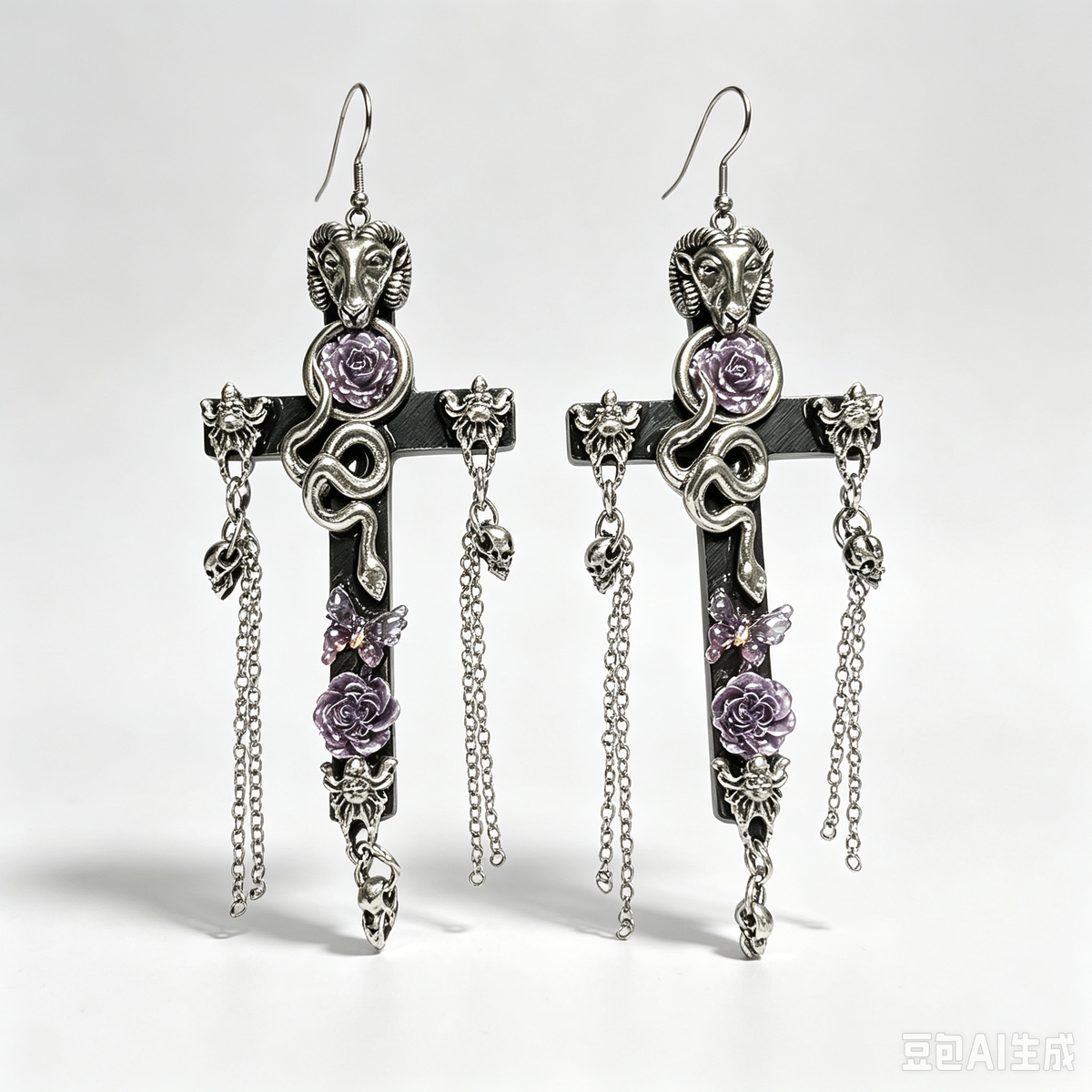 Gothic Baphomet Ram Head Cross Dangle Earrings, Snake Purple Rose Chain Tassel Earrings, Dark Occult Witchy Statement Jewelry