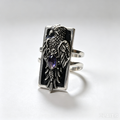 Gothic Raven Purple Gem Rectangle Ring, Black Enamel Silver Ring, Dark Mystic Handmade Statement Ring