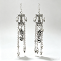 Gothic Skeleton Lantern Tassel Dangle Earrings, Silver Skull Chain Earrings, Dark Halloween Handmade Statement Jewelry
