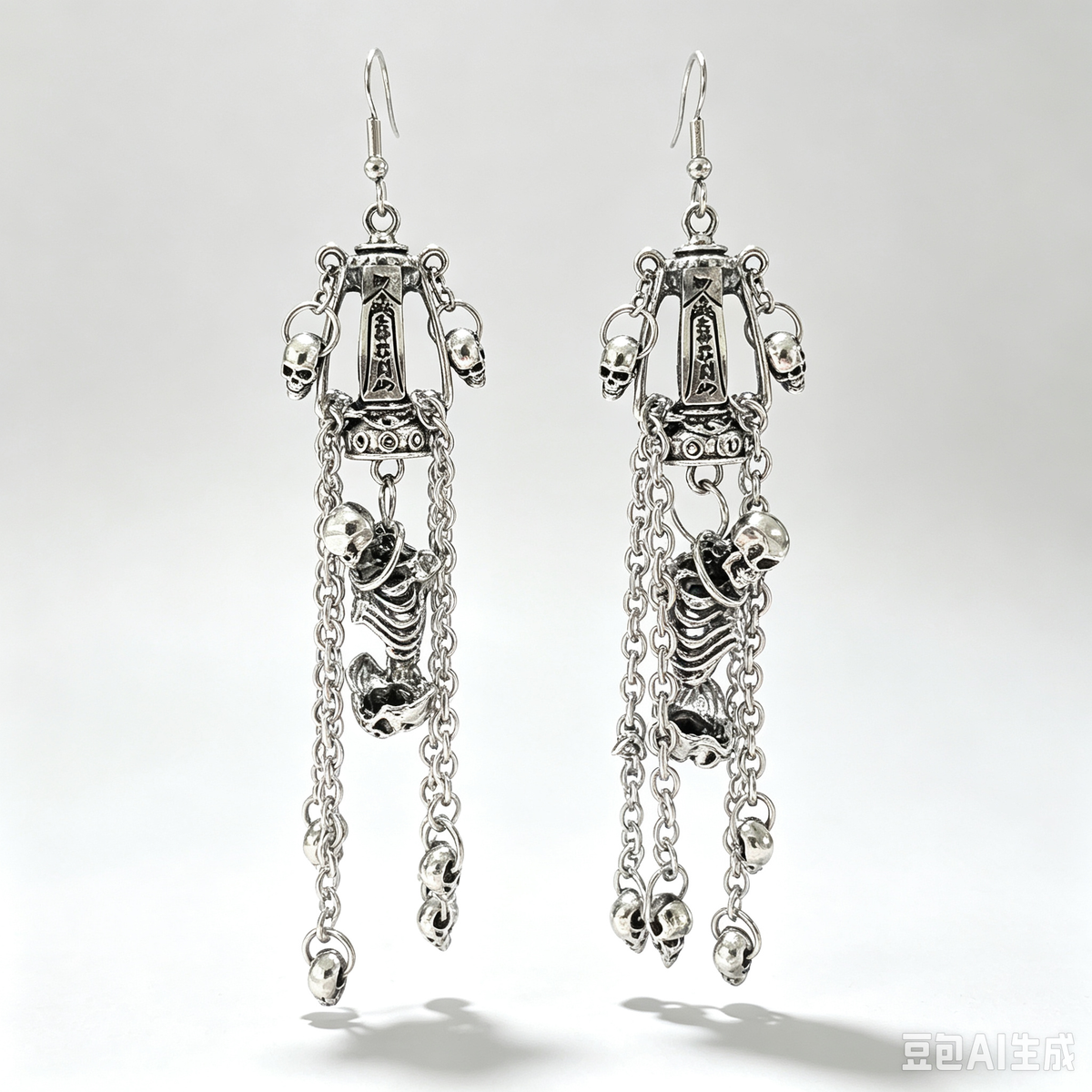 Gothic Skeleton Lantern Tassel Dangle Earrings, Silver Skull Chain Earrings, Dark Halloween Handmade Statement Jewelry