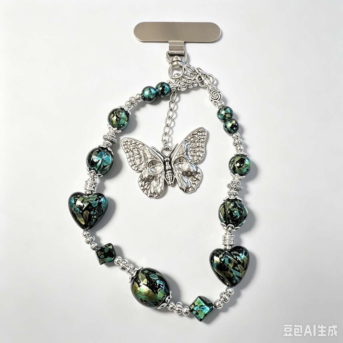 Gothic Peacock Blue Green Butterfly Phone Strap, Silver Butterfly Charm, Dark Crystal Beads, Handmade Dark Fairy Statement Phone Chain