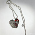 Gothic Vampire Coffin Skull Necklace, Red Enamel Casket, Skeleton Pendant, Dark Halloween Handmade Statement Necklace