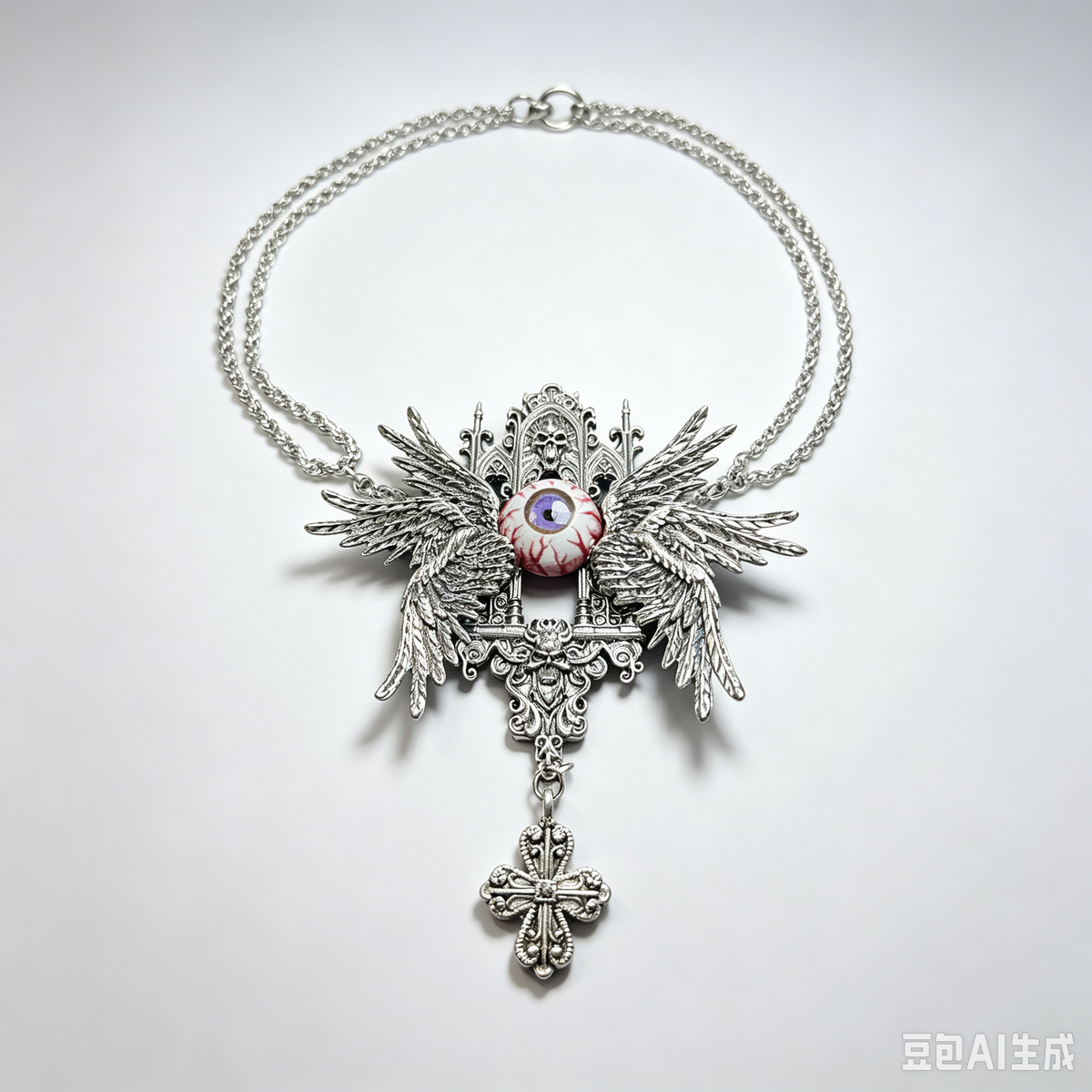Gothic Eye Wings Cross Necklace, Red Eyeball Pendant, Silver Wing Charms, Dark Fantasy Handmade Statement Necklace