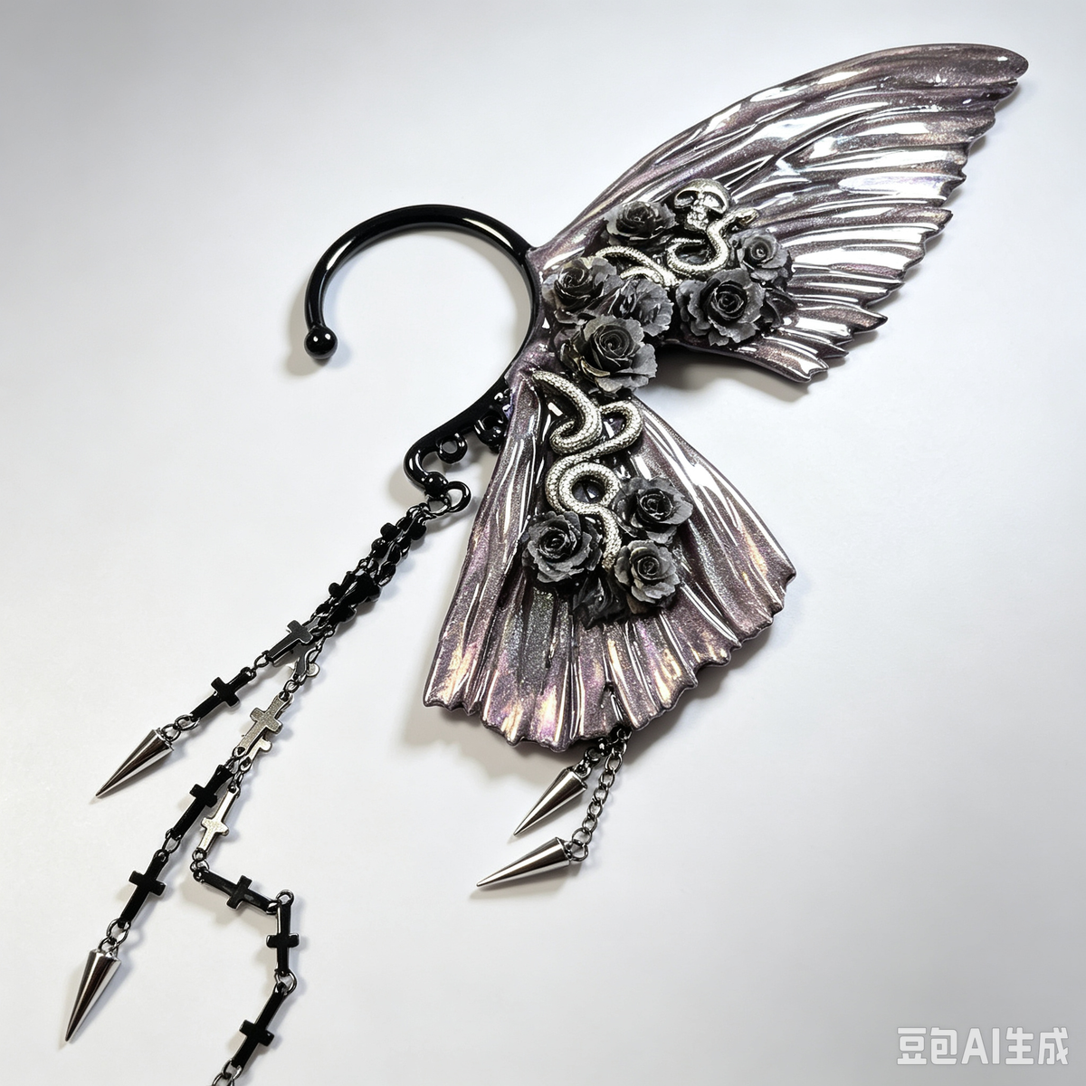 Gothic Purple Gray Wing Ear Cuff, Black Rose Snake Charms, Spike Cross Long Chain, Dark Fairy Handmade Wrap Earring